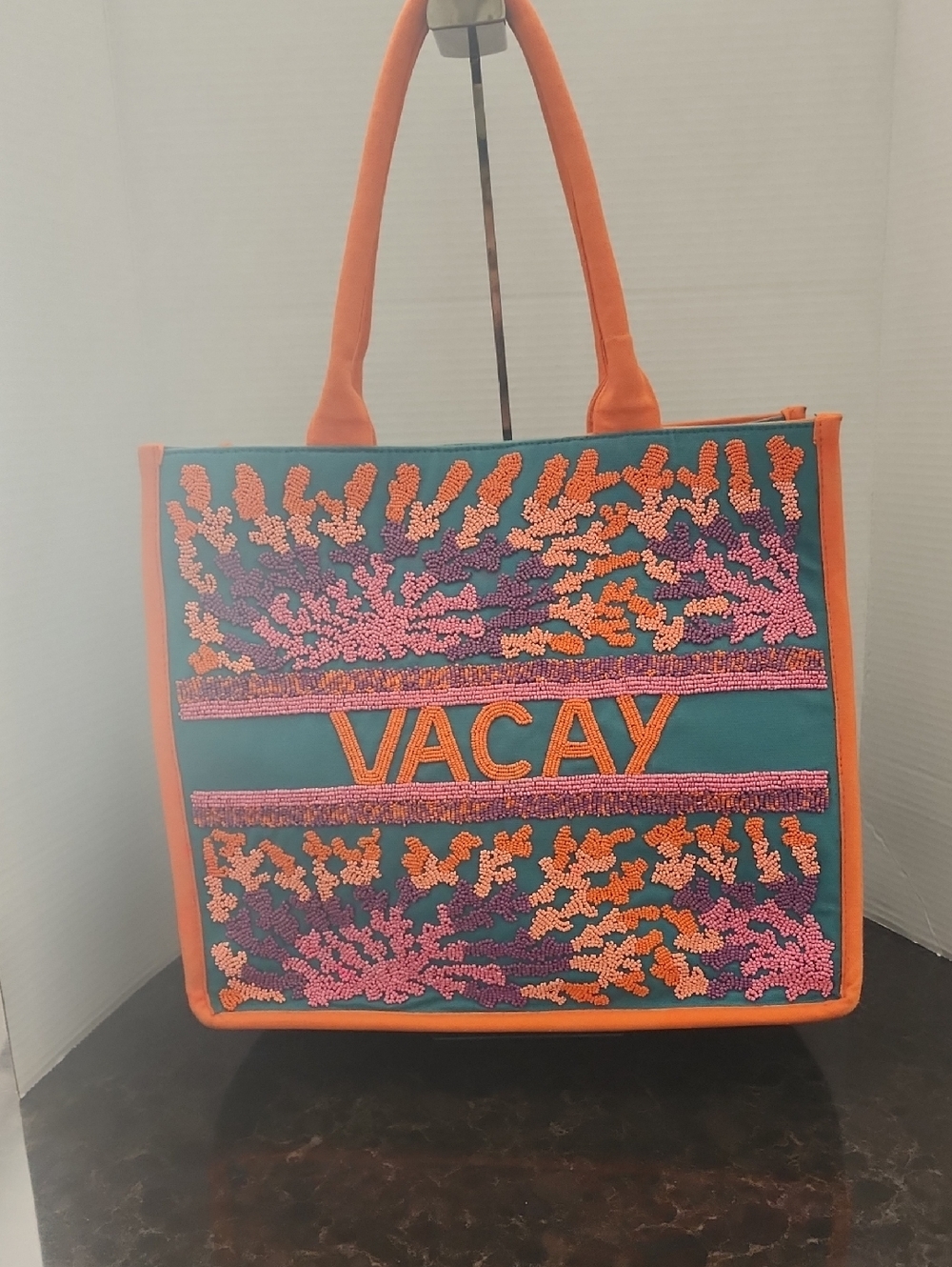 VACAY Beaded Turquoise & Orange Tote Bag
